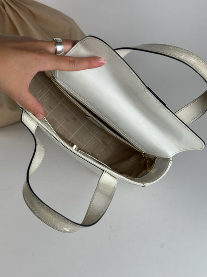 Sac à main vintage en cuir et coton Céline Paris blanc