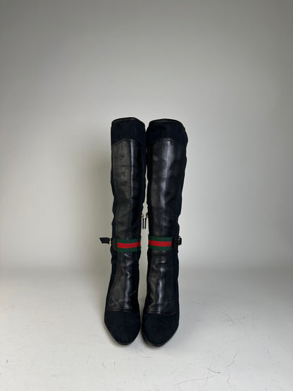 Vintage Gucci Suede Leather Knee-High Boots Black Green EU36