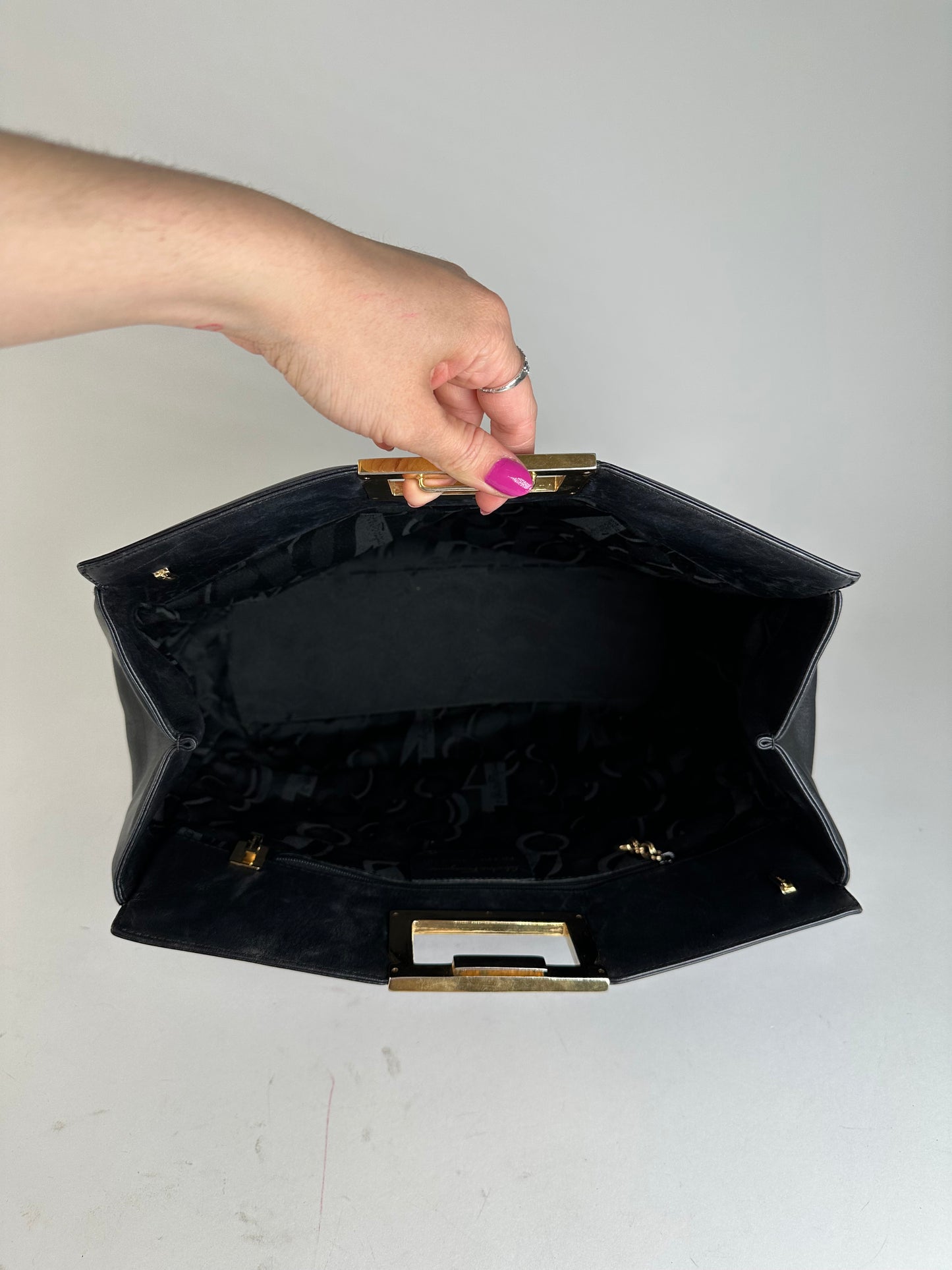 Vintage Salvatore Ferragamo Leather Frame Top Handle Handbag Black