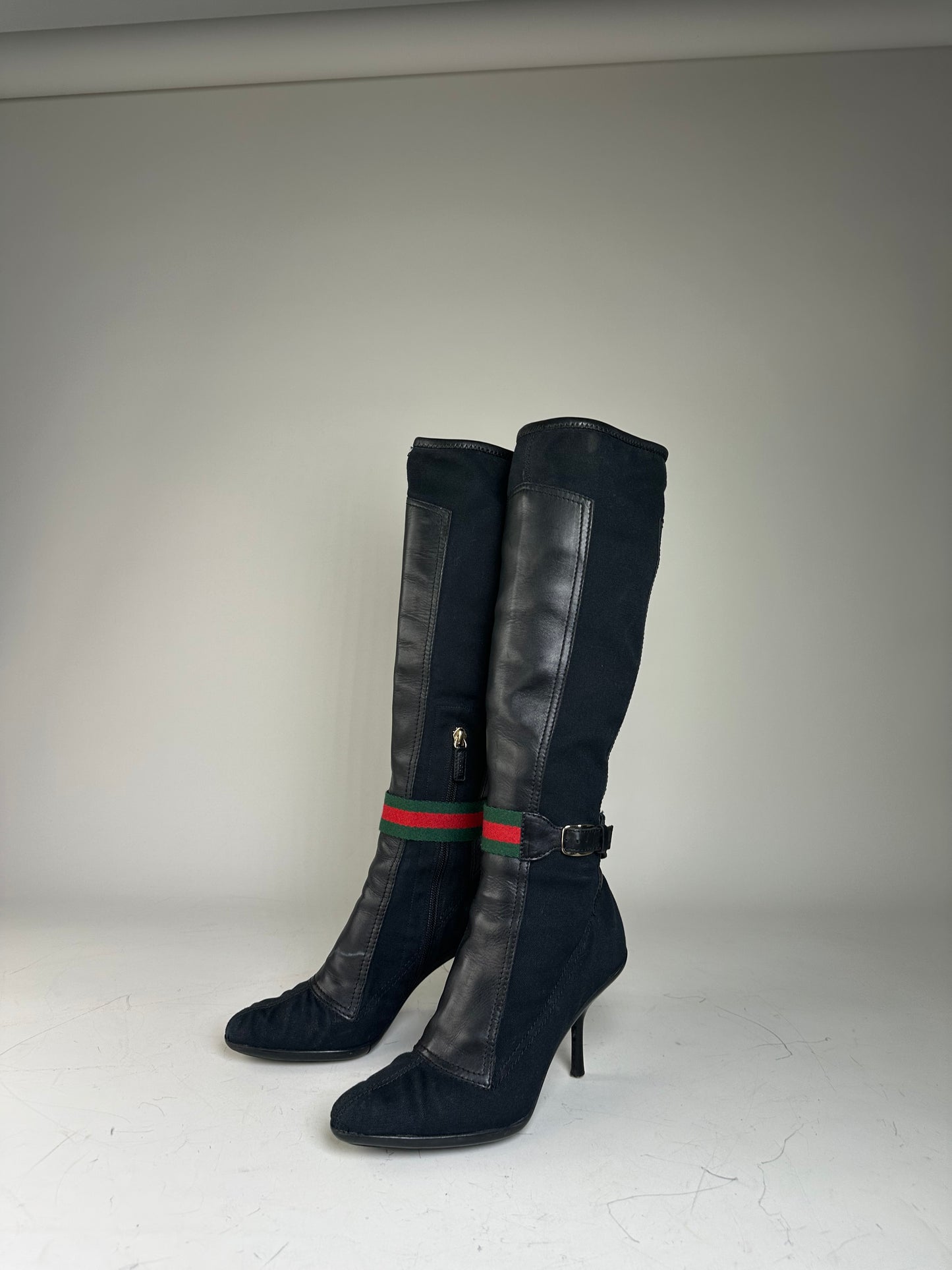 Vintage Gucci Suede Leather Knee-High Boots Black Green EU36