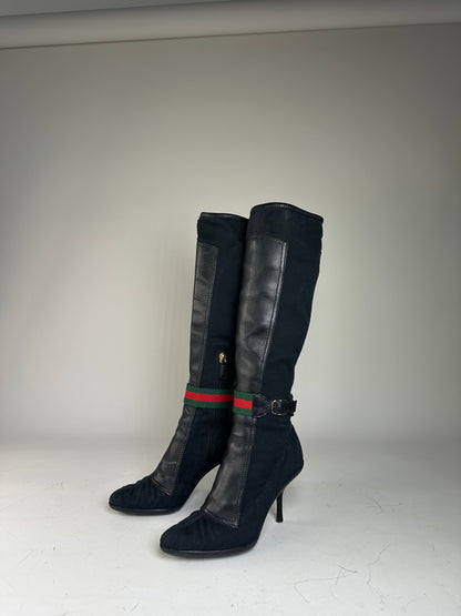 Vintage Gucci Suede Leather Knee-High Boots Black Green EU36