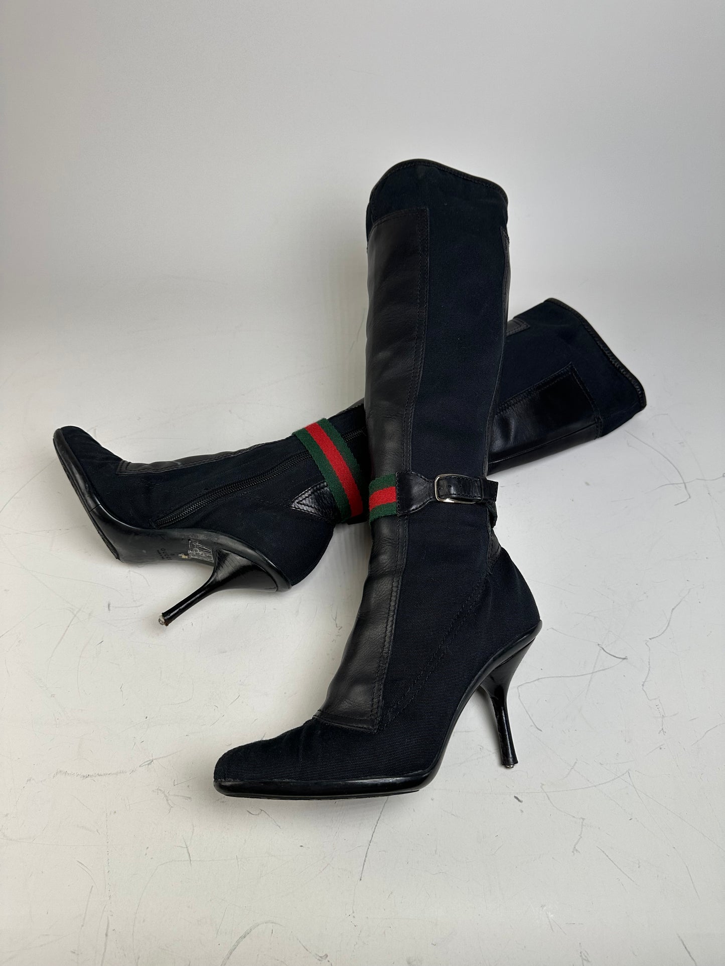 Vintage Gucci Suede Leather Knee-High Boots Black Green EU36