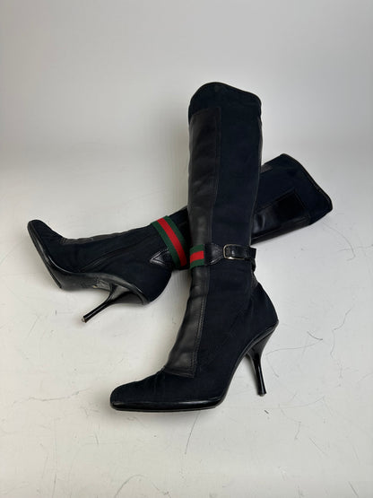 Vintage Gucci Suede Leather Knee-High Boots Black Green EU36