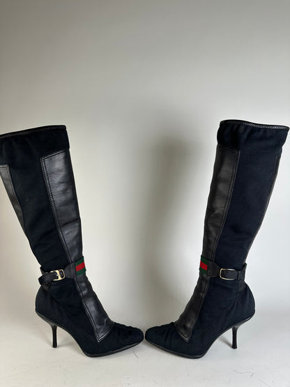Vintage Gucci Suede Leather Knee-High Boots Black Green EU36