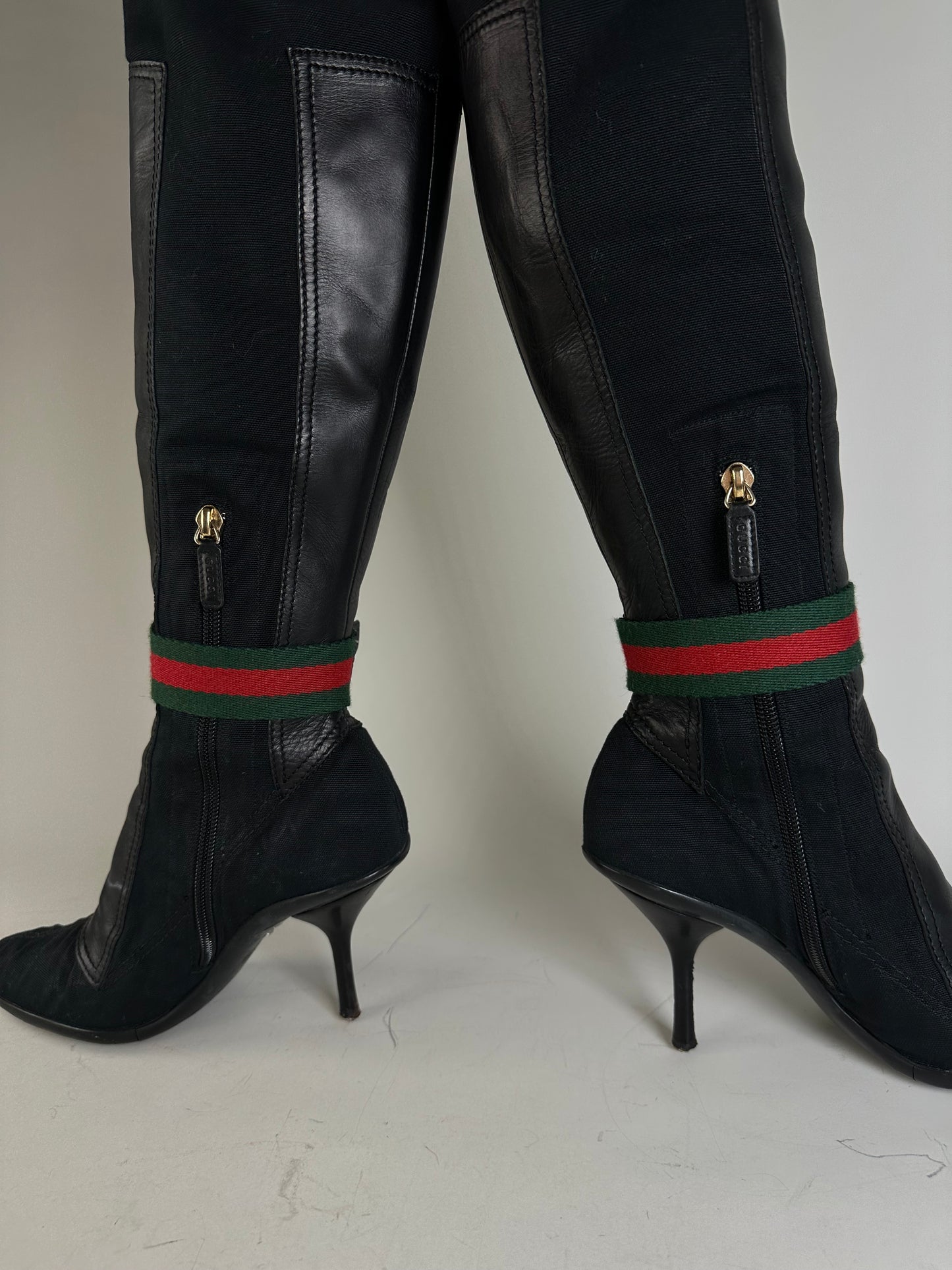 Vintage Gucci Suede Leather Knee-High Boots Black Green EU36