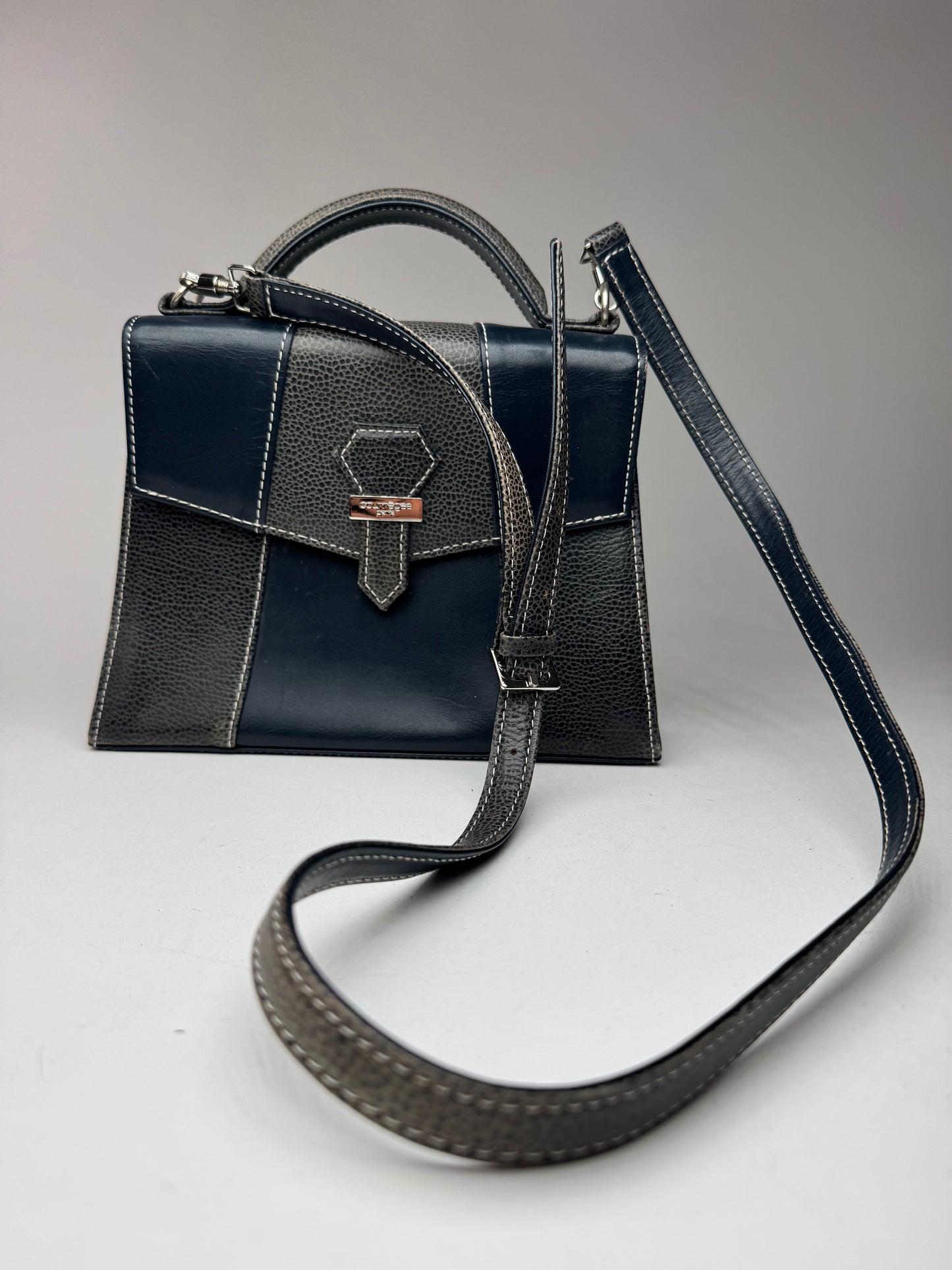 Vintage Courreges 2 way leather bag navy gray