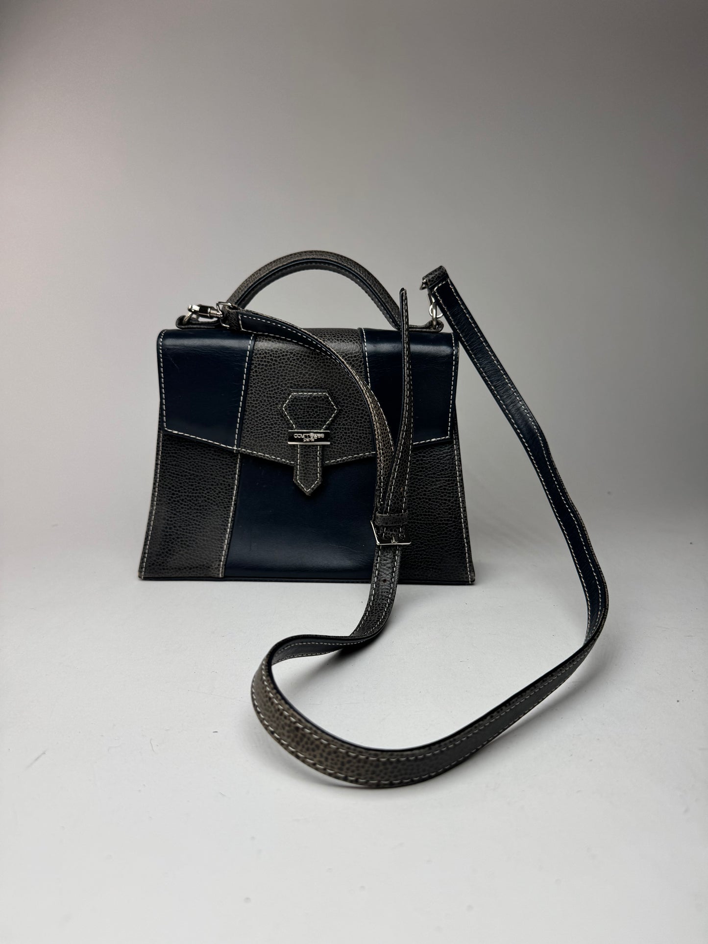 Vintage Courreges 2 way leather bag navy gray