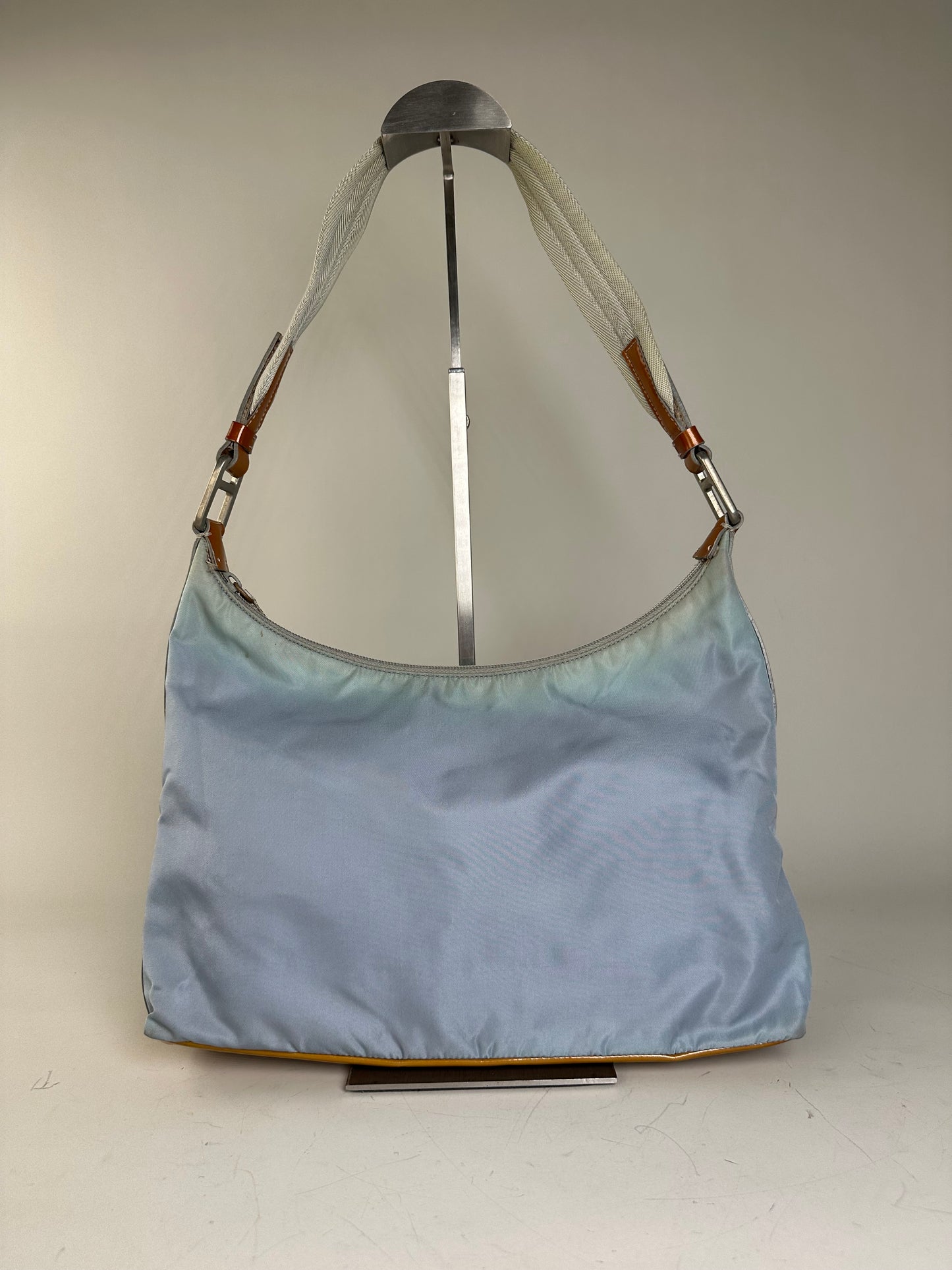 Vintage Prada Nylon Shoulder Bag Light Blue Yellow Silver