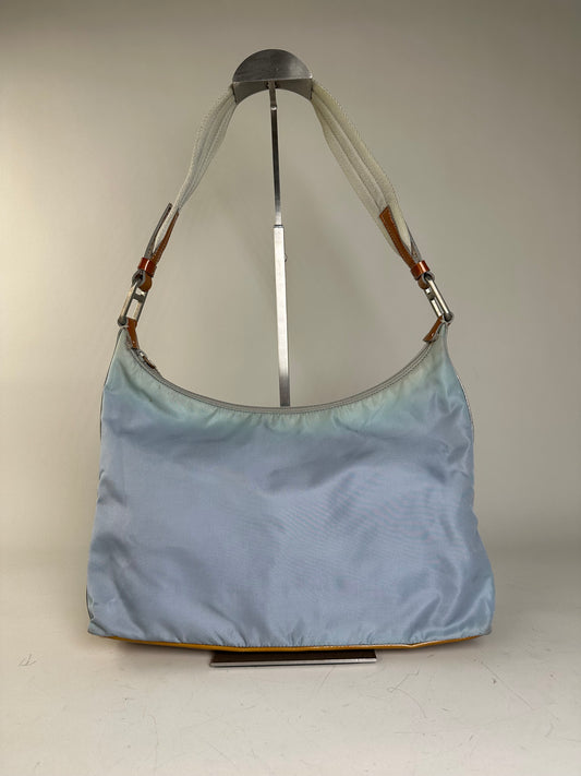 Vintage Prada Satin Shoulder Bag Light Blue Orange Silver