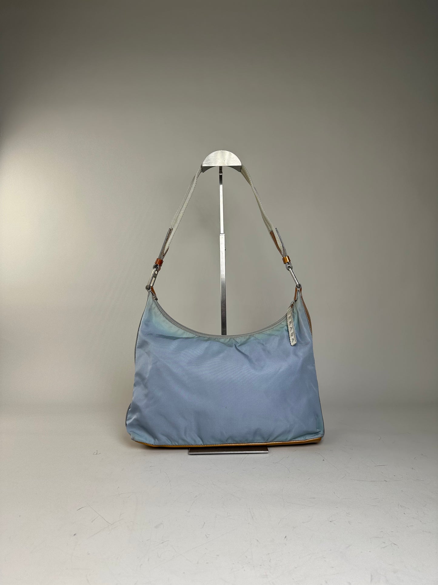 Vintage Prada Nylon Shoulder Bag Light Blue Yellow Silver