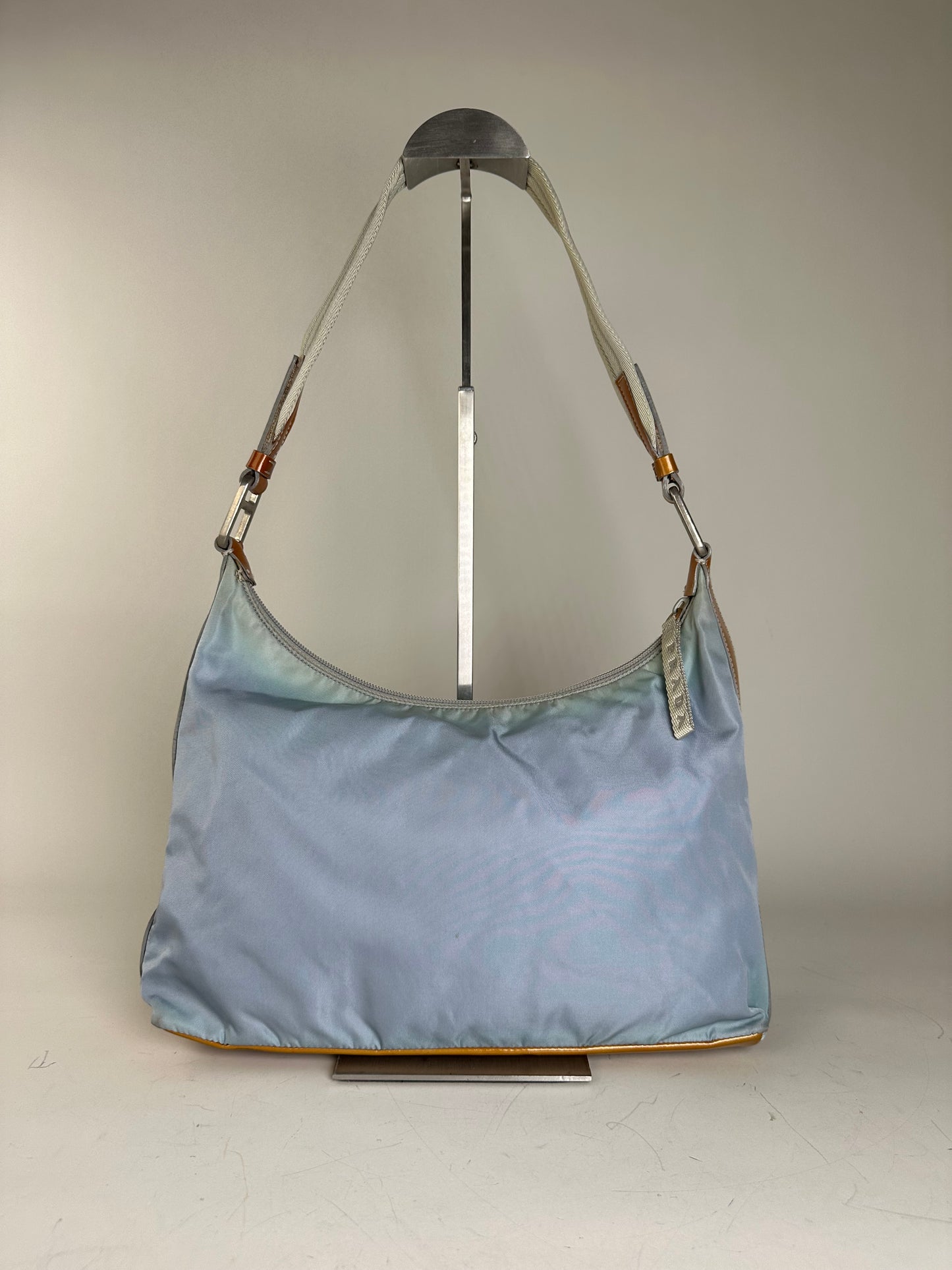 Vintage Prada Nylon Shoulder Bag Light Blue Yellow Silver