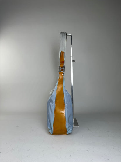 Vintage Prada Nylon Shoulder Bag Light Blue Yellow Silver