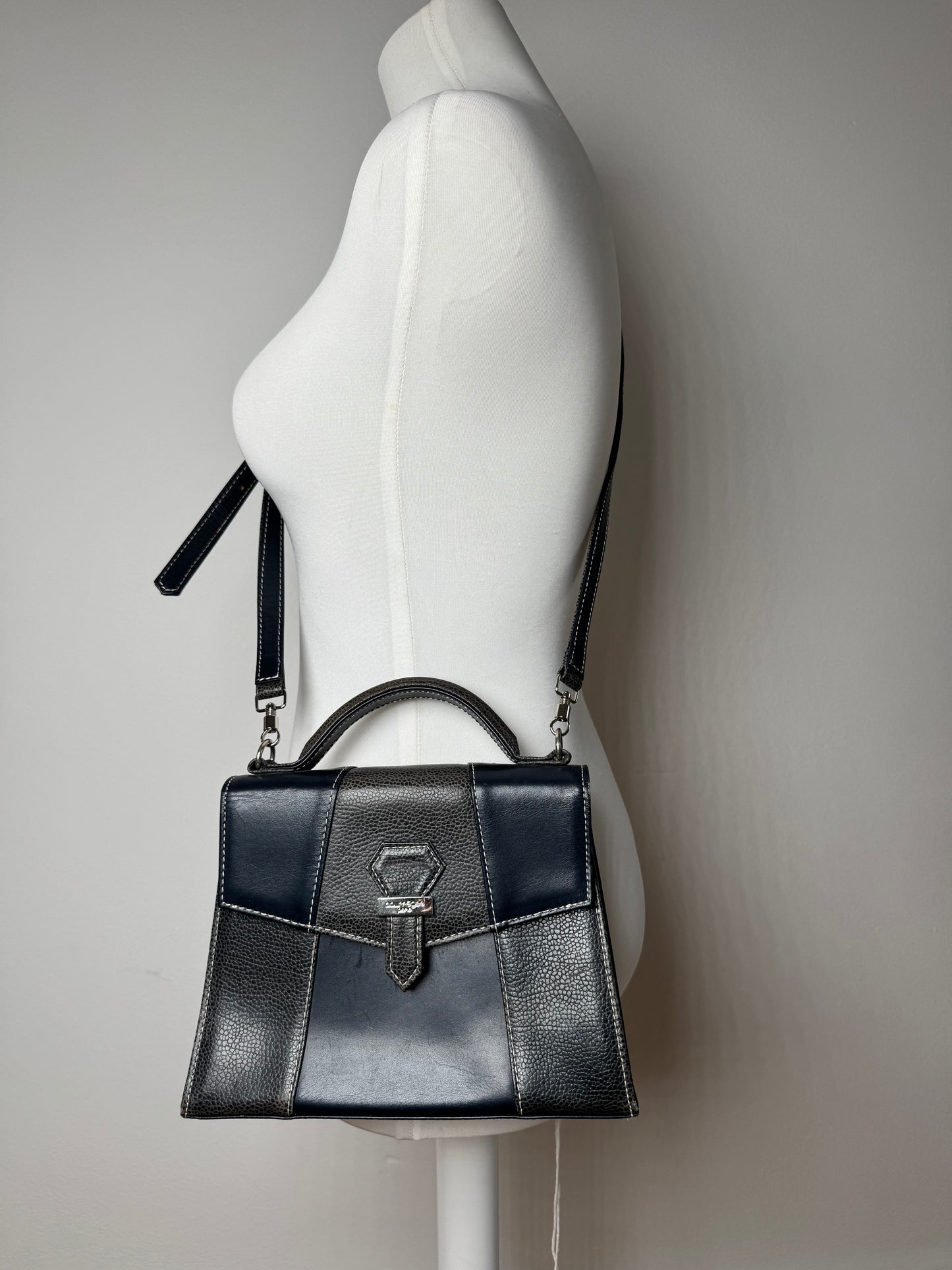 Vintage Courreges 2 way leather bag navy gray