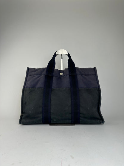 Vintage Hermès Fourre Tout MM Canvas Tote Bag Black Navy