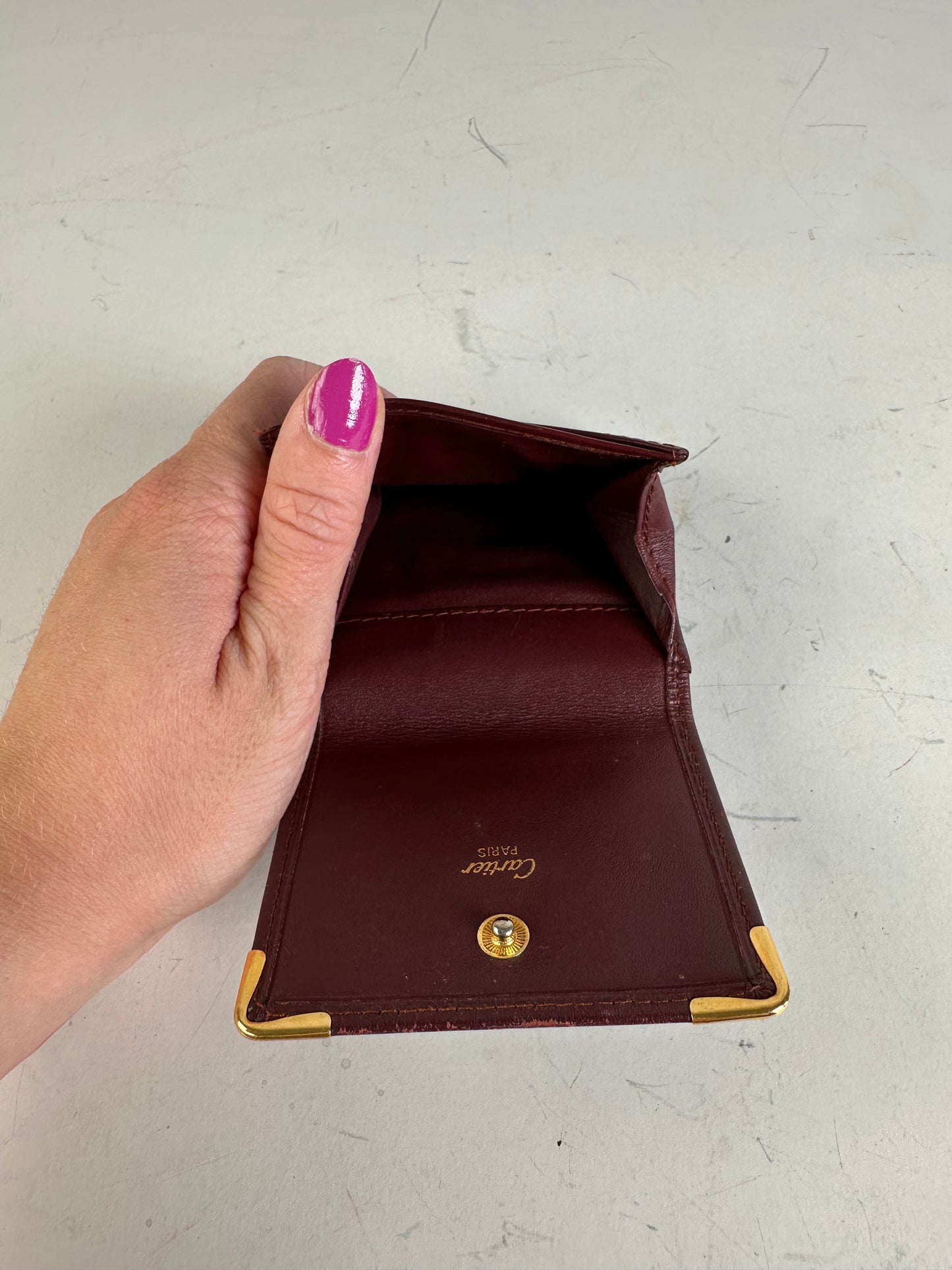 Vintage Cartier Leather Wallet Burgundy Gold-tone Snap France