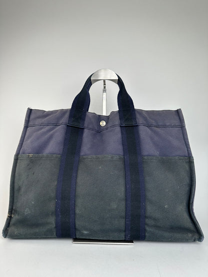 Vintage Hermès Fourre Tout MM Canvas Tote Bag Black Navy