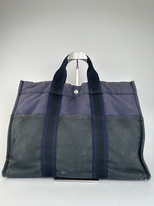 Vintage Hermès Fourre Tout MM Canvas Tote Bag Black Navy