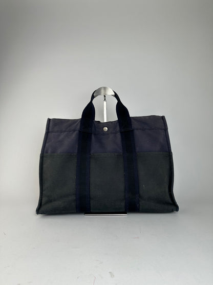 Vintage Hermès Fourre Tout MM Canvas Tote Bag Black Navy
