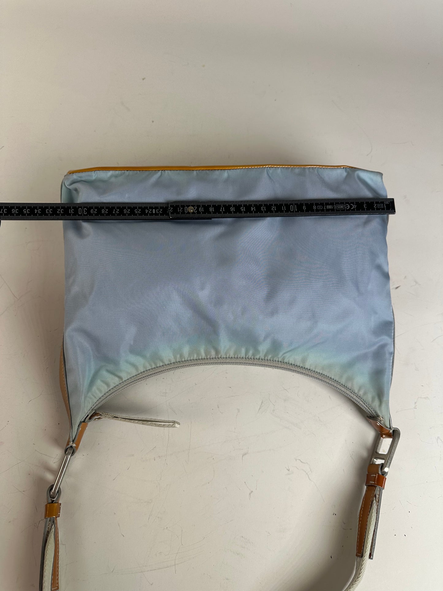Vintage Prada Nylon Shoulder Bag Light Blue Yellow Silver