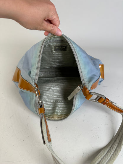 Vintage Prada Nylon Shoulder Bag Light Blue Yellow Silver