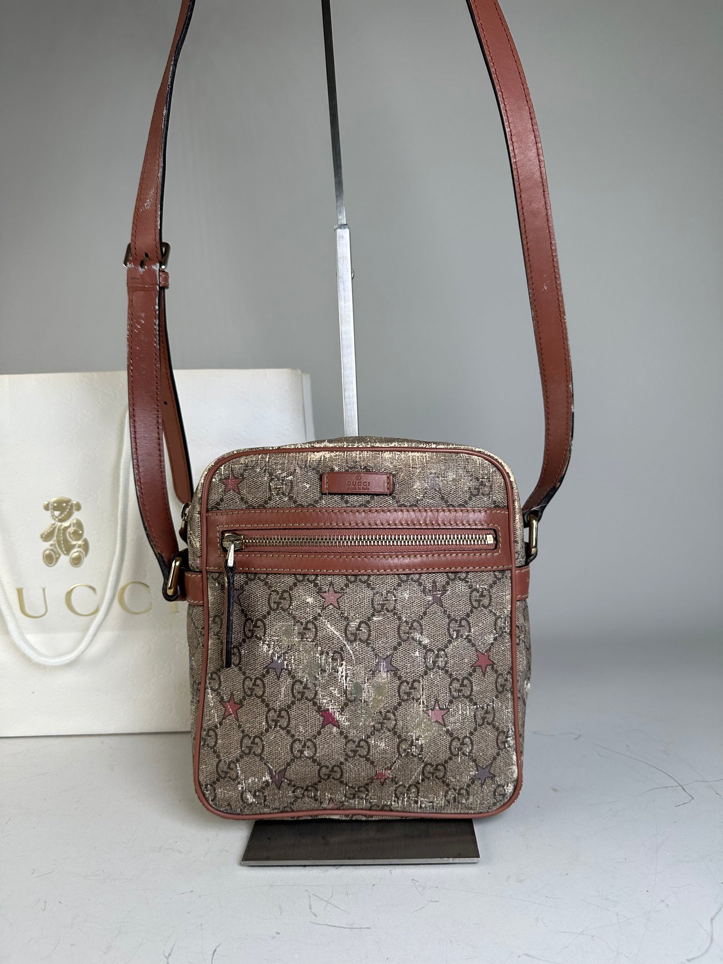 Vintage Gucci GG Monogram Crossbody Bag Beige Brown Rust