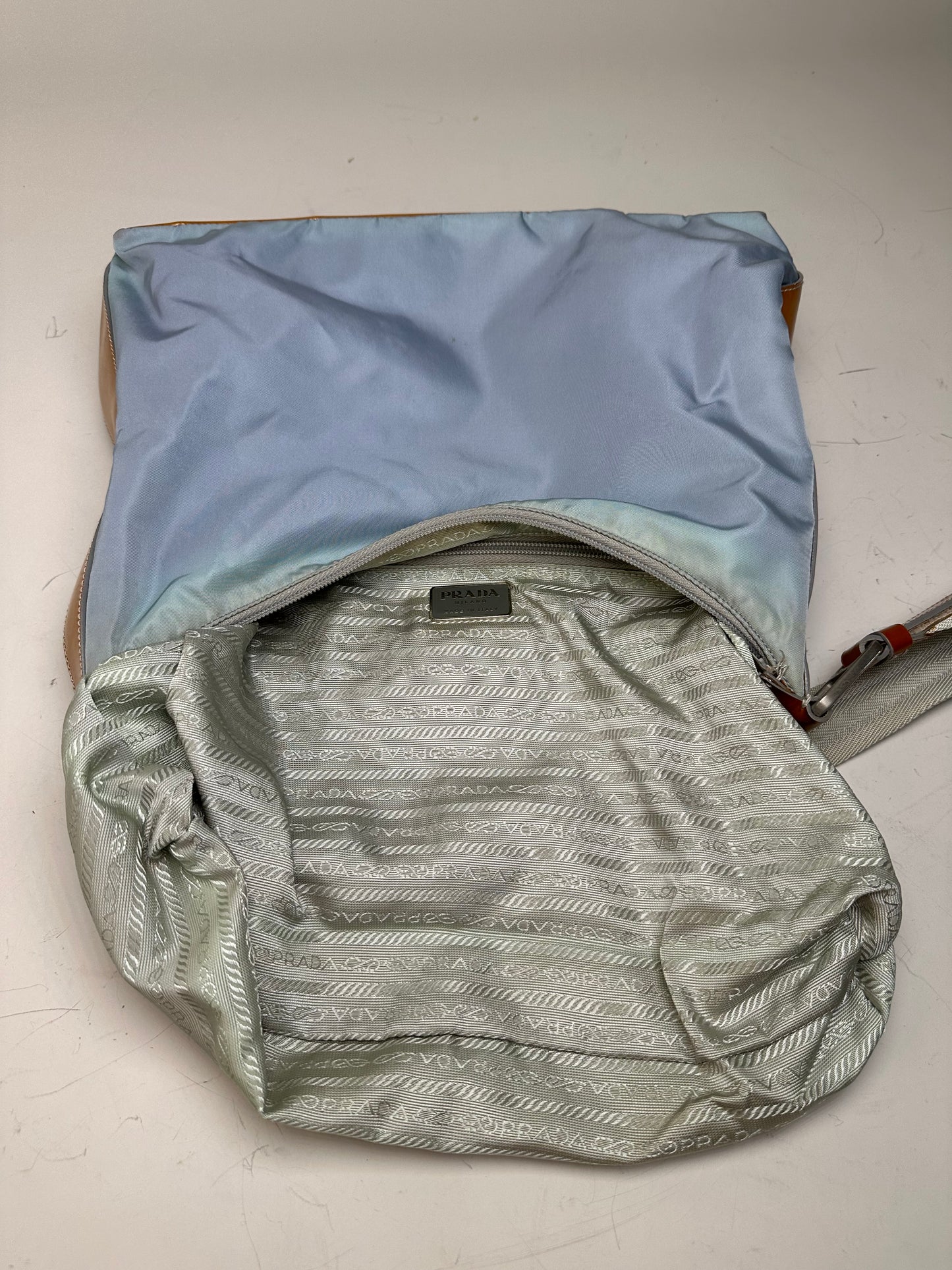 Vintage Prada Nylon Shoulder Bag Light Blue Yellow Silver