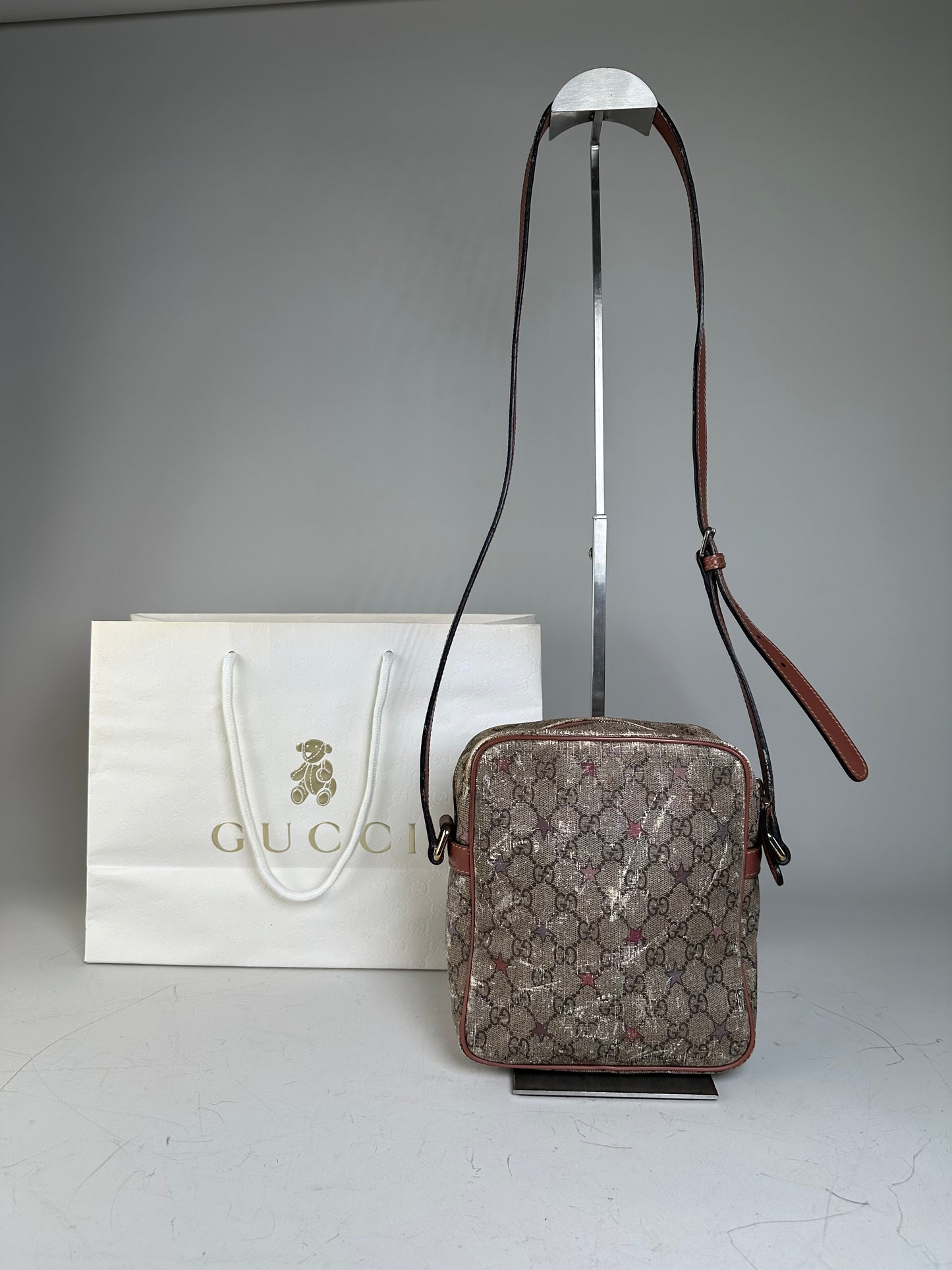 Vintage Gucci GG Monogram Crossbody Bag Beige Brown Rust