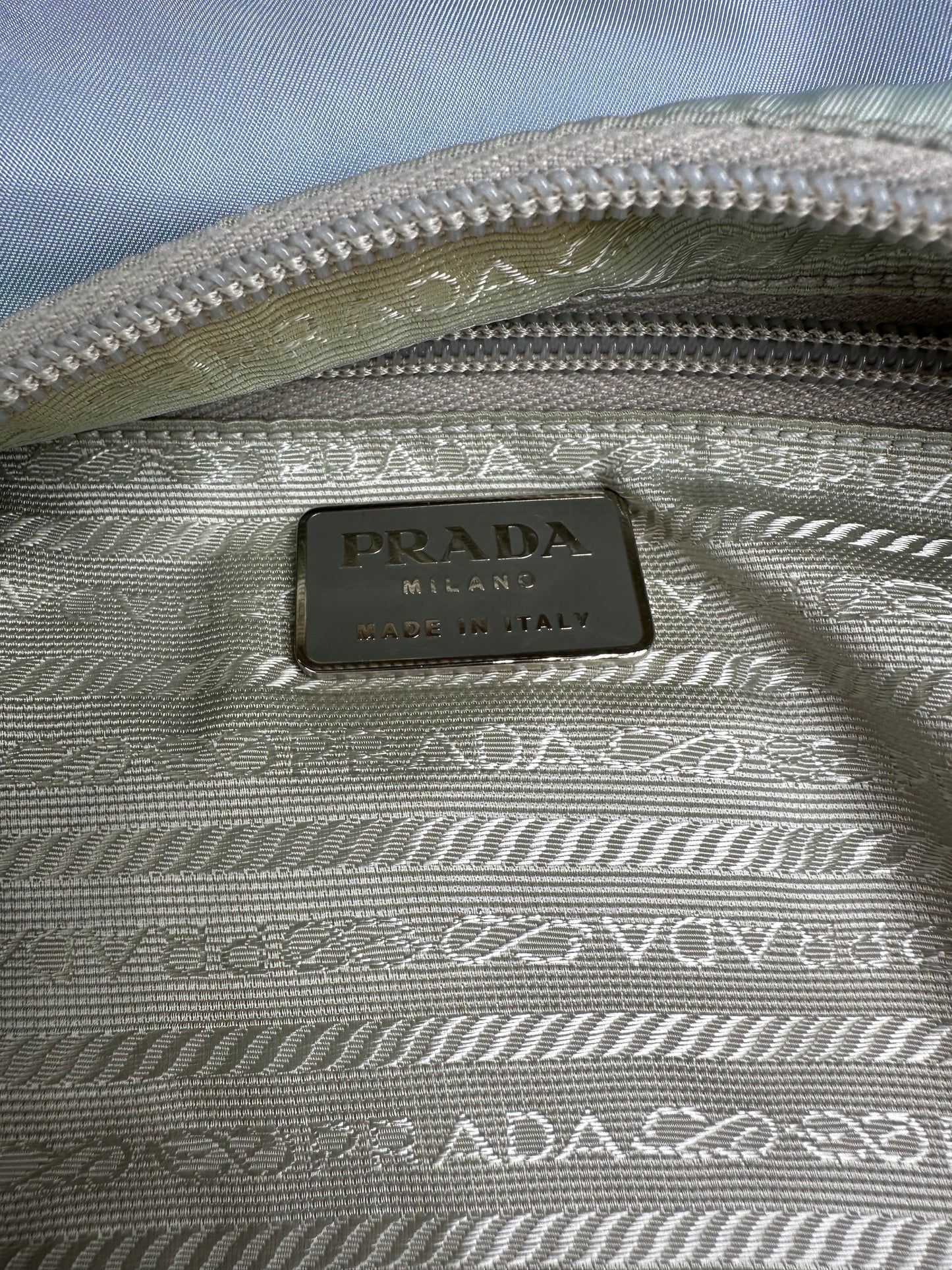 Vintage Prada Nylon Shoulder Bag Light Blue Yellow Silver