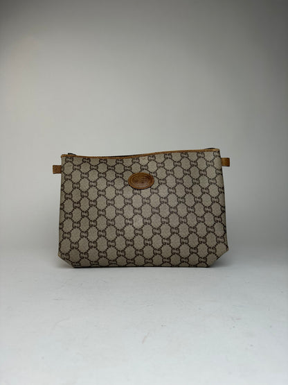 Vintage Gucci Plus Monogram Leather Clutch Grey Brown