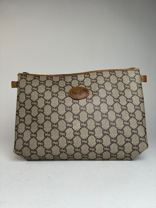 Vintage Gucci Plus Monogram Leather Clutch Grey Brown