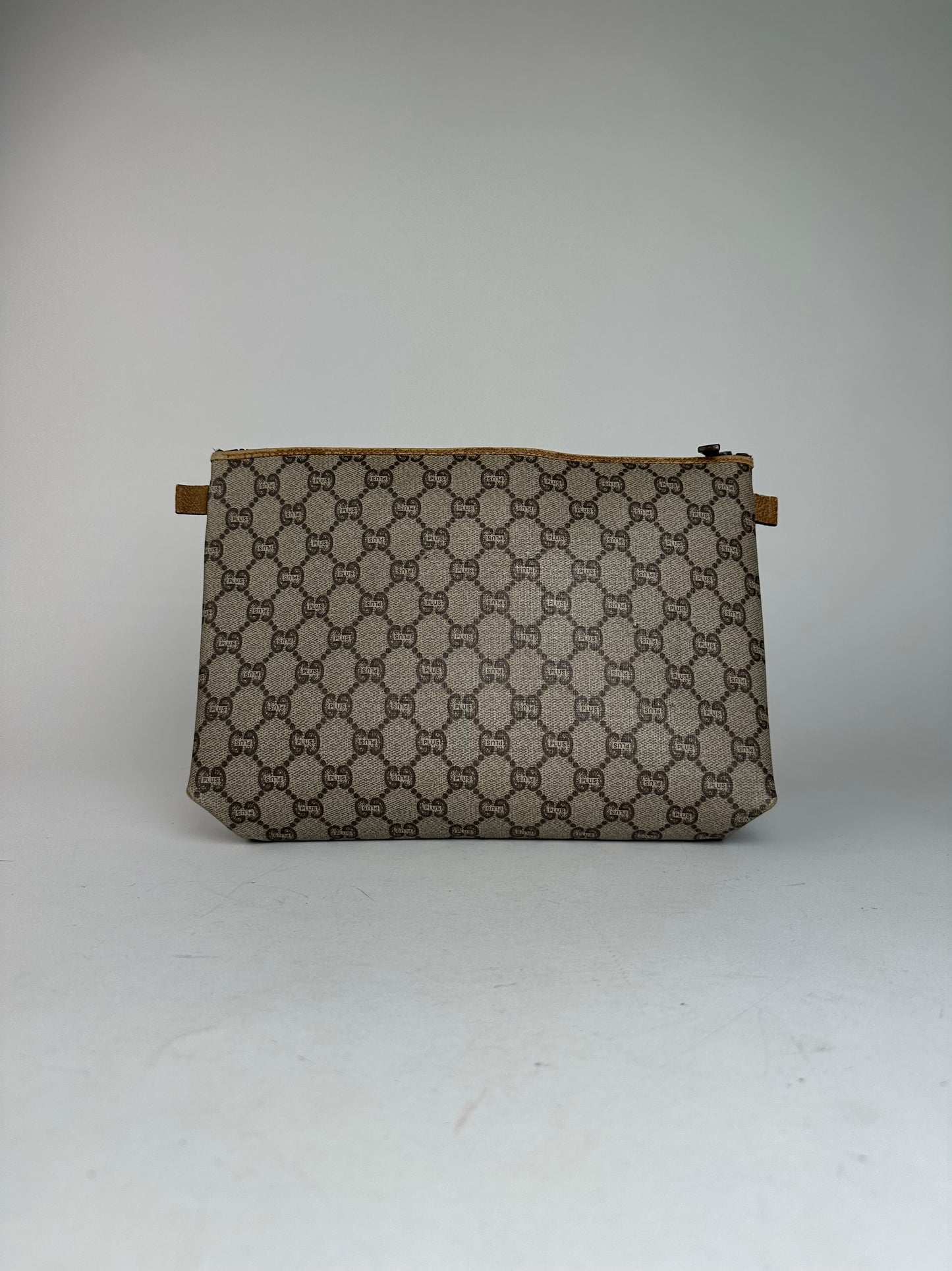 Vintage Gucci Plus Monogram Leather Clutch Grey Brown