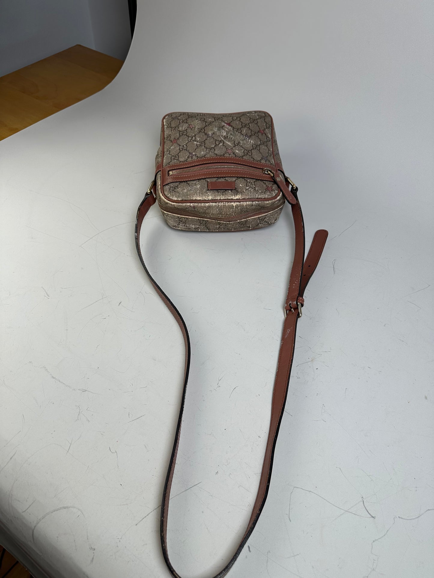Vintage Gucci GG Monogram Crossbody Bag Beige Brown Rust