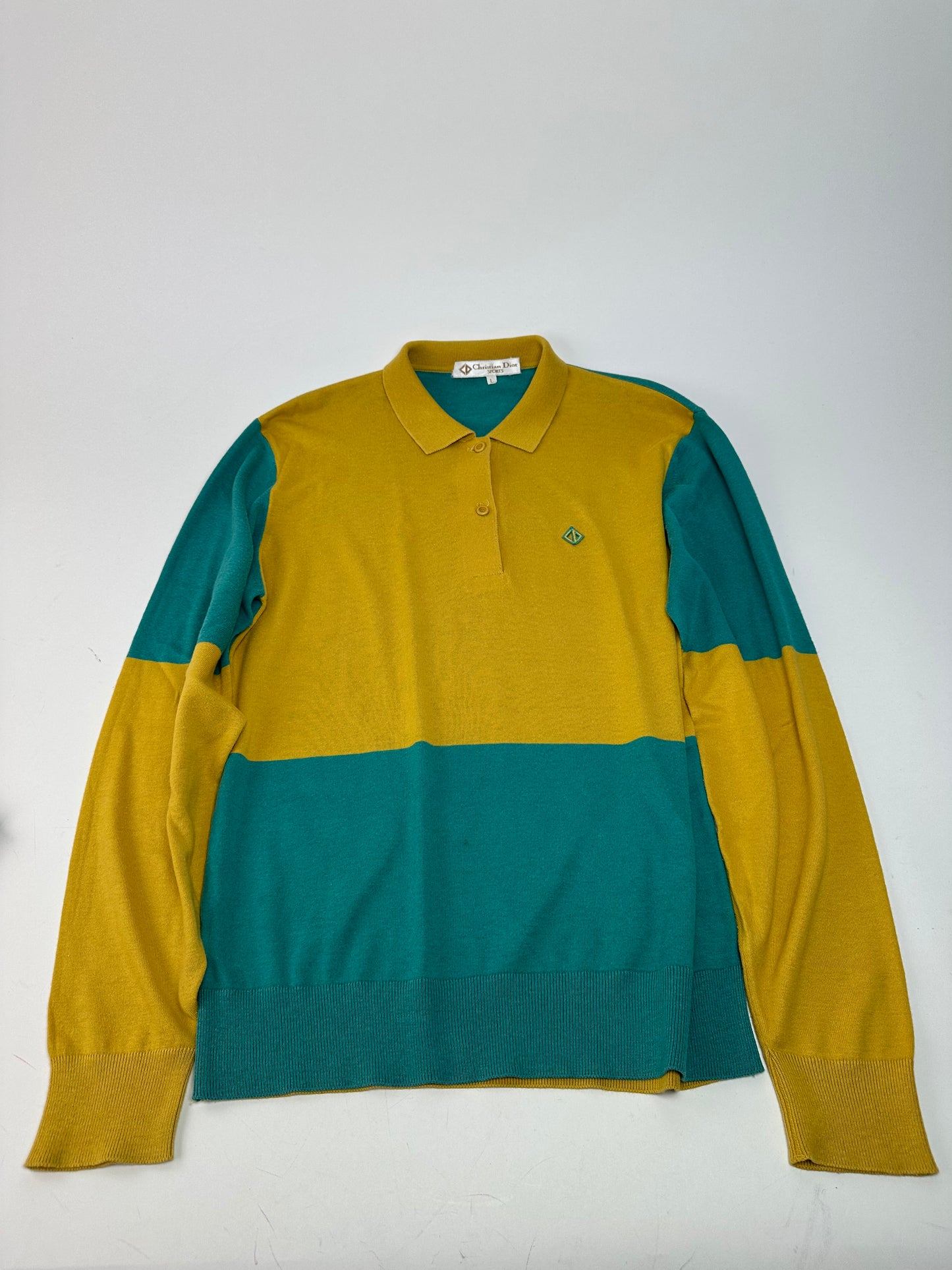 Vintage Christian Dior Sports Colour Block Knit Polo Shirt Yellow Teal L