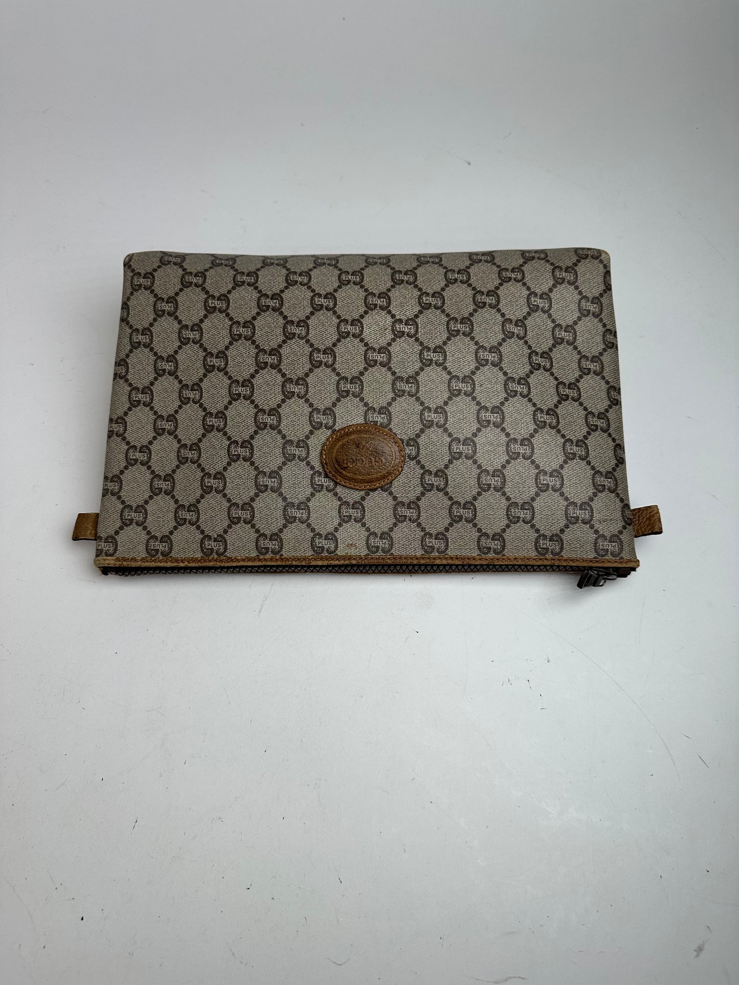 Vintage Gucci Plus Monogram Leather Clutch Grey Brown
