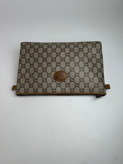 Vintage Gucci Plus Monogram Leather Clutch Grey Brown