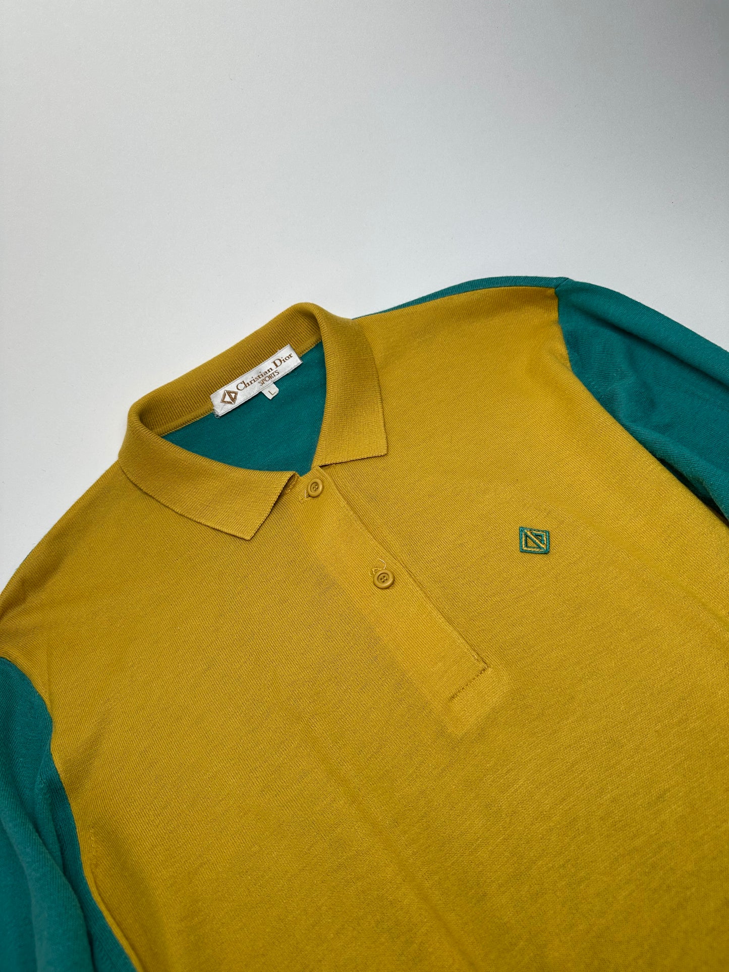 Vintage Christian Dior Sports Colour Block Knit Polo Shirt Yellow Teal L