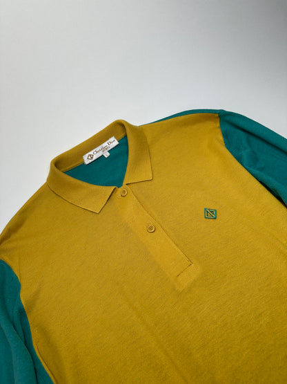 Vintage Christian Dior Sports Colour Block Knit Polo Shirt Yellow Teal L