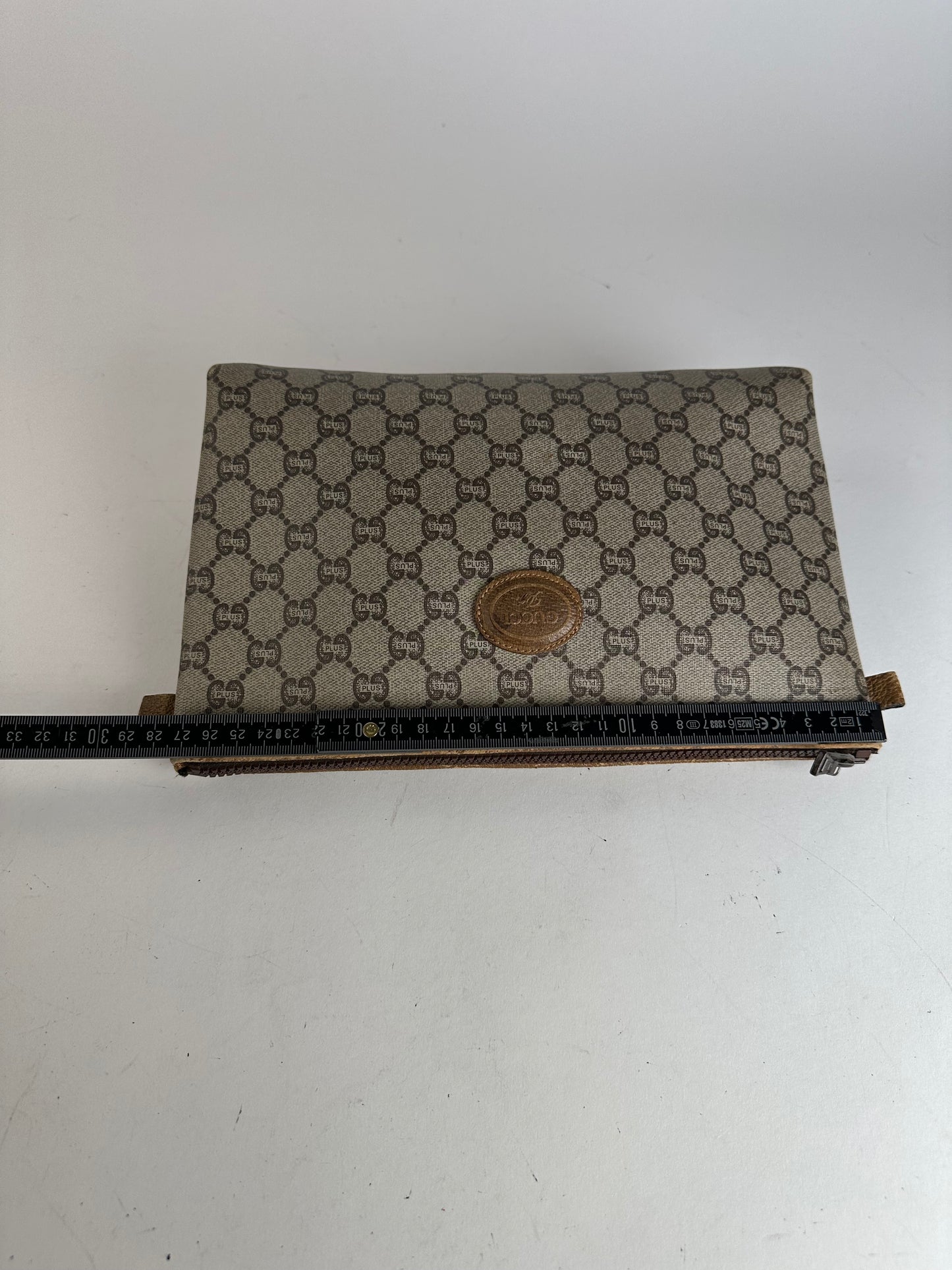 Vintage Gucci Plus Monogram Leather Clutch Grey Brown