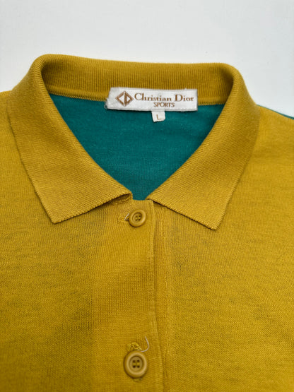 Vintage Christian Dior Sports Colour Block Knit Polo Shirt Yellow Teal L