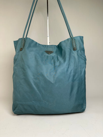 Vintage Prada Nylon Tote Bag Teal Silver