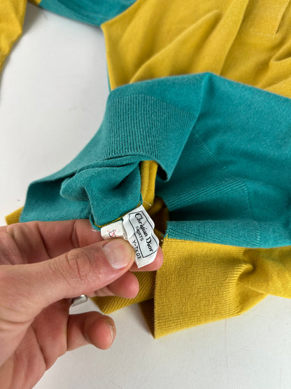 Vintage Christian Dior Sports Colour Block Knit Polo Shirt Yellow Teal L