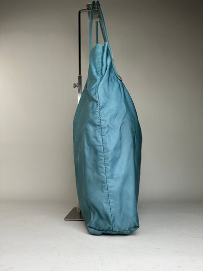 Vintage Prada Nylon Tote Bag Teal Silver
