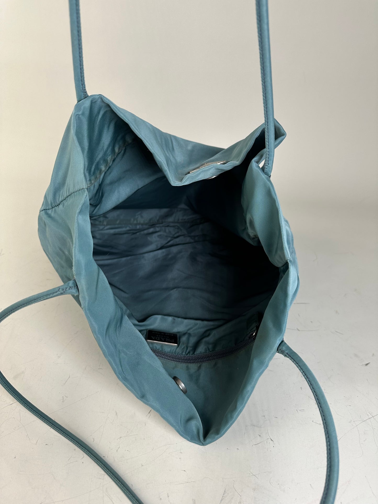 Vintage Prada Nylon Tote Bag Teal Silver