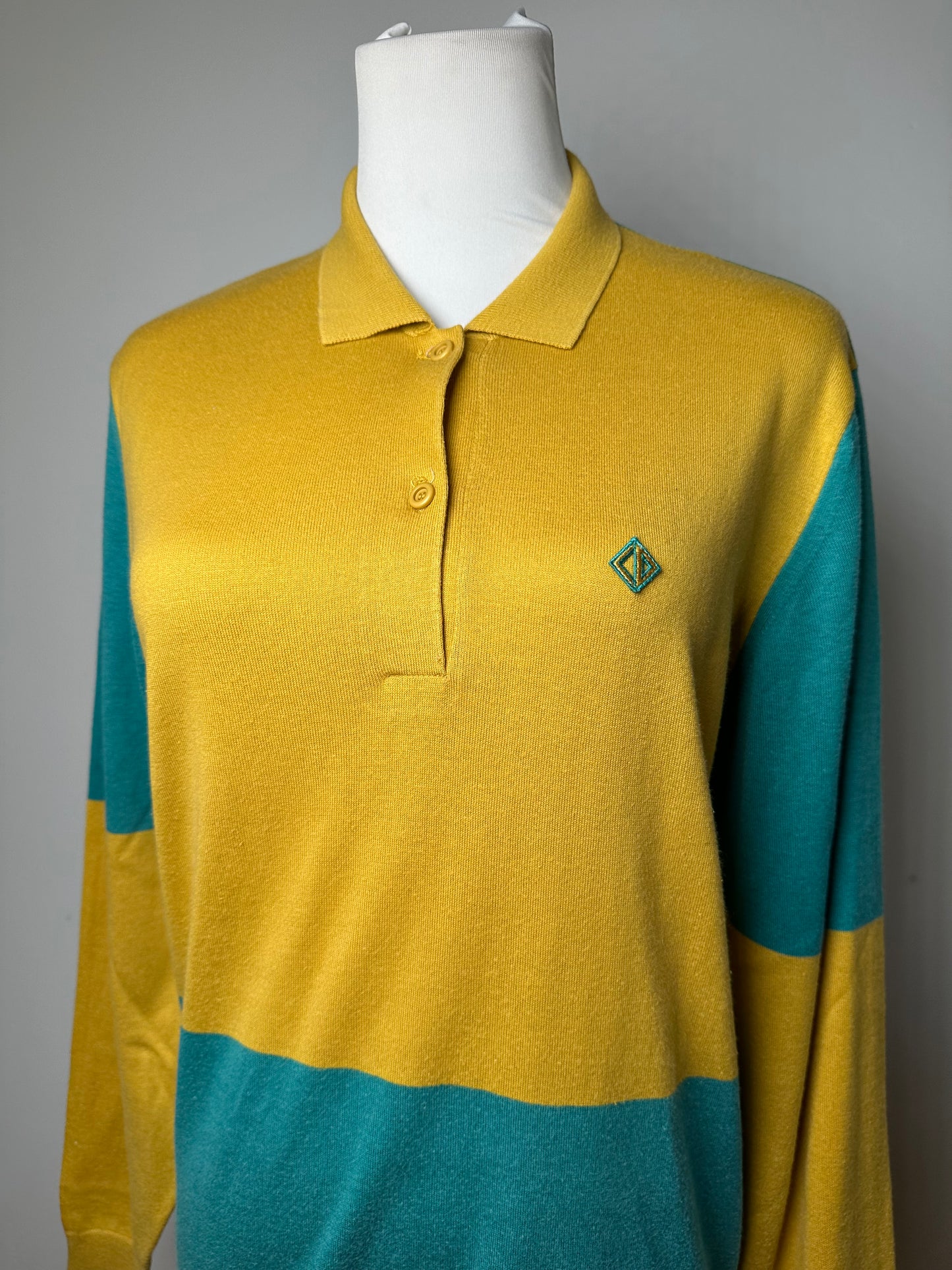 Vintage Christian Dior Sports Colour Block Knit Polo Shirt Yellow Teal L