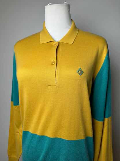 Vintage Christian Dior Sports Colour Block Knit Polo Shirt Yellow Teal L