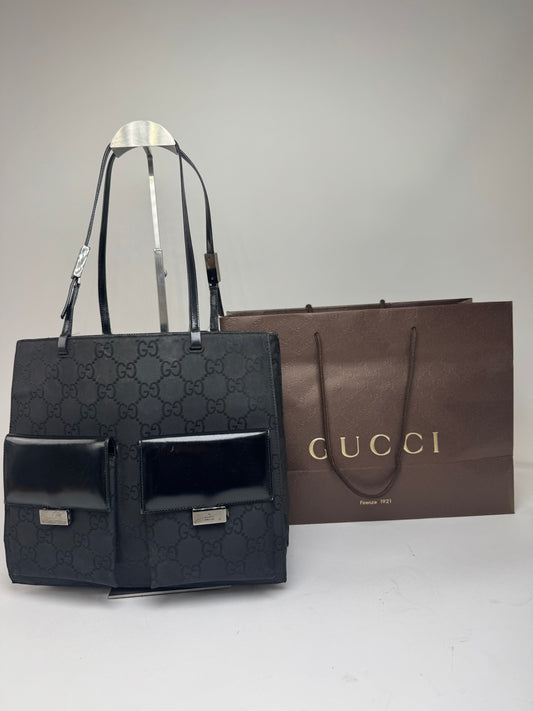 Vintage Gucci Monogram Leather Canvas Handbag Black