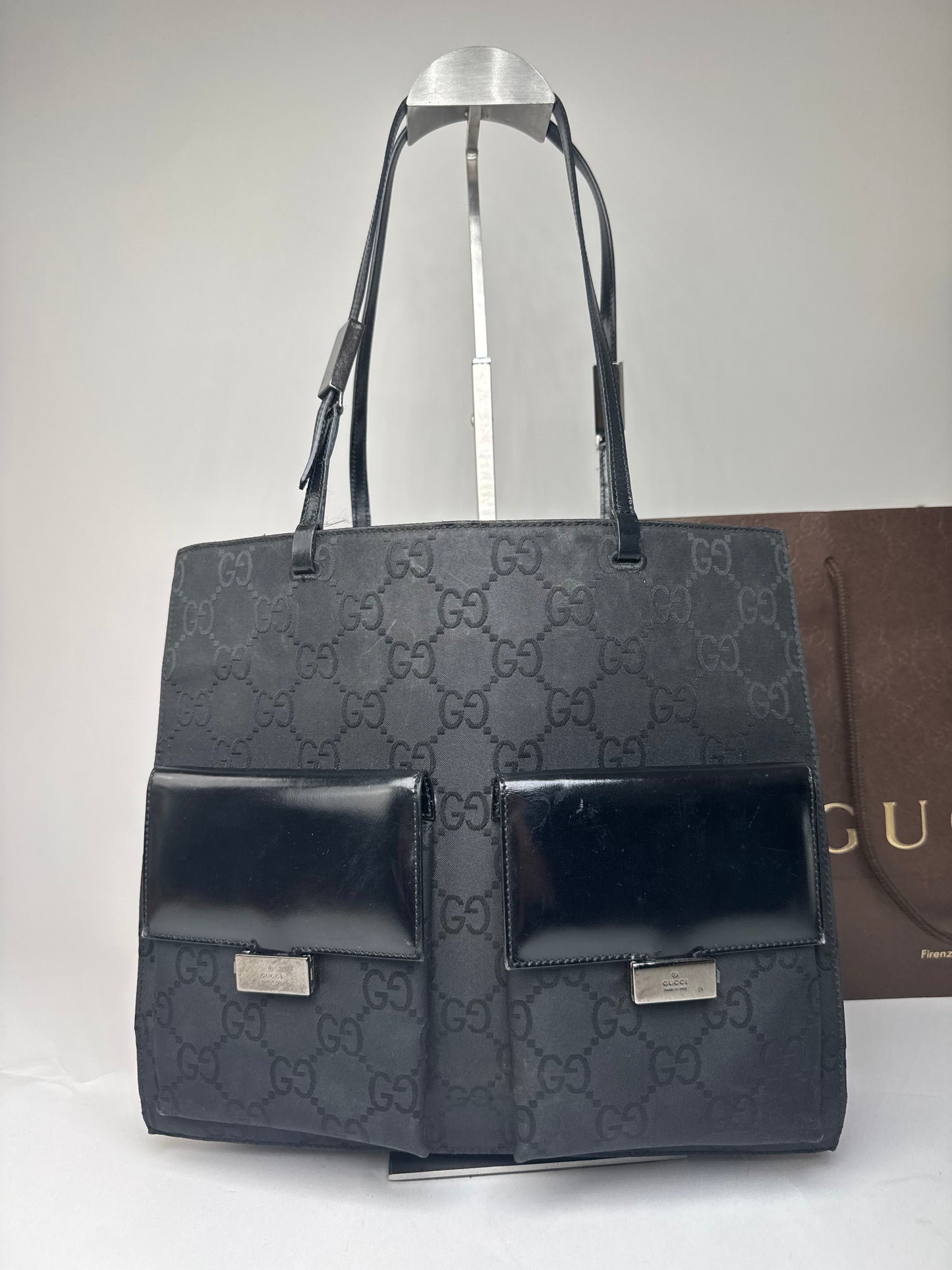 Vintage Gucci Monogram Leather Canvas Handbag Black