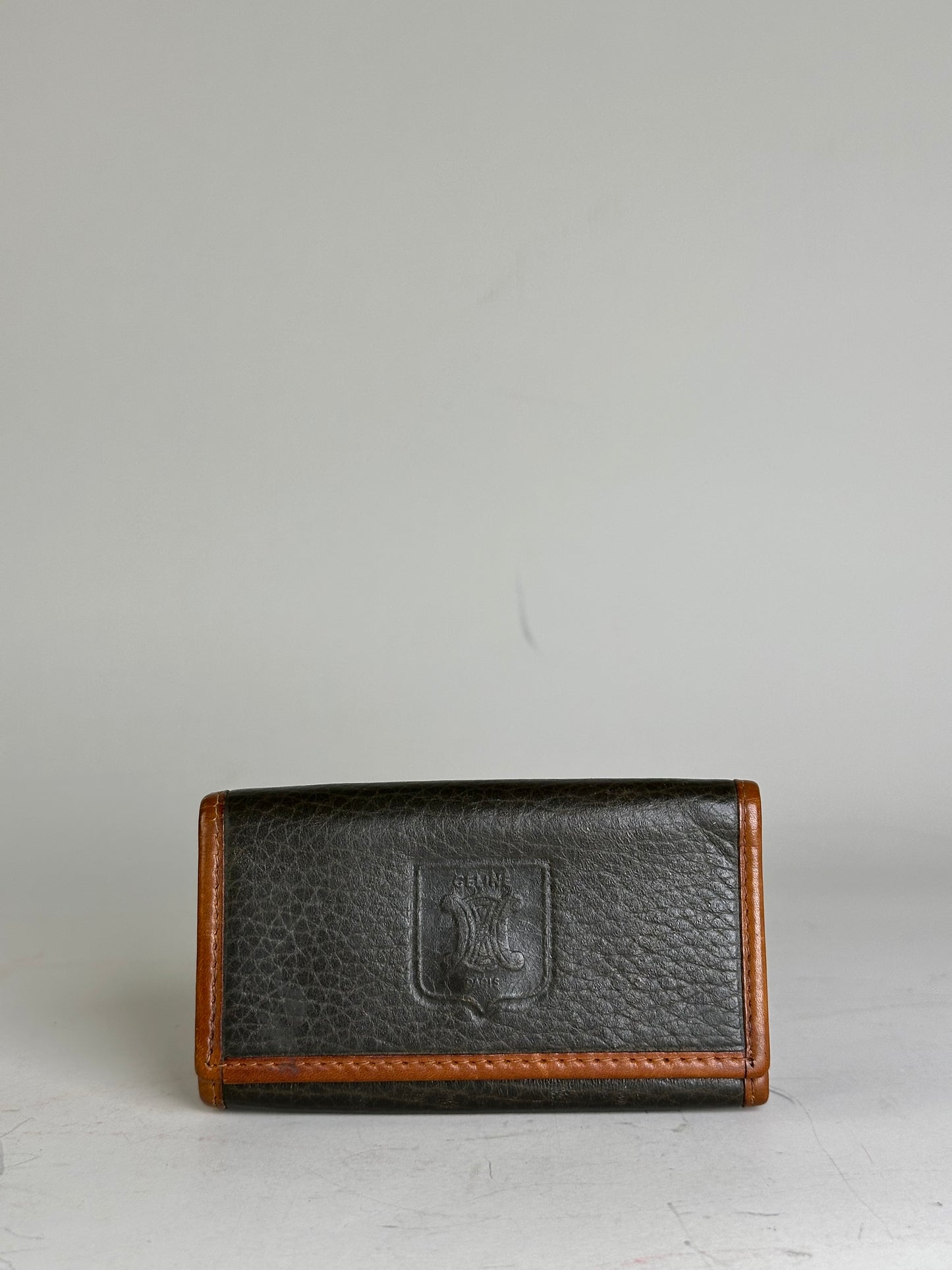 Vintage Celine Textured Leather Card Holder Black Brown Gold