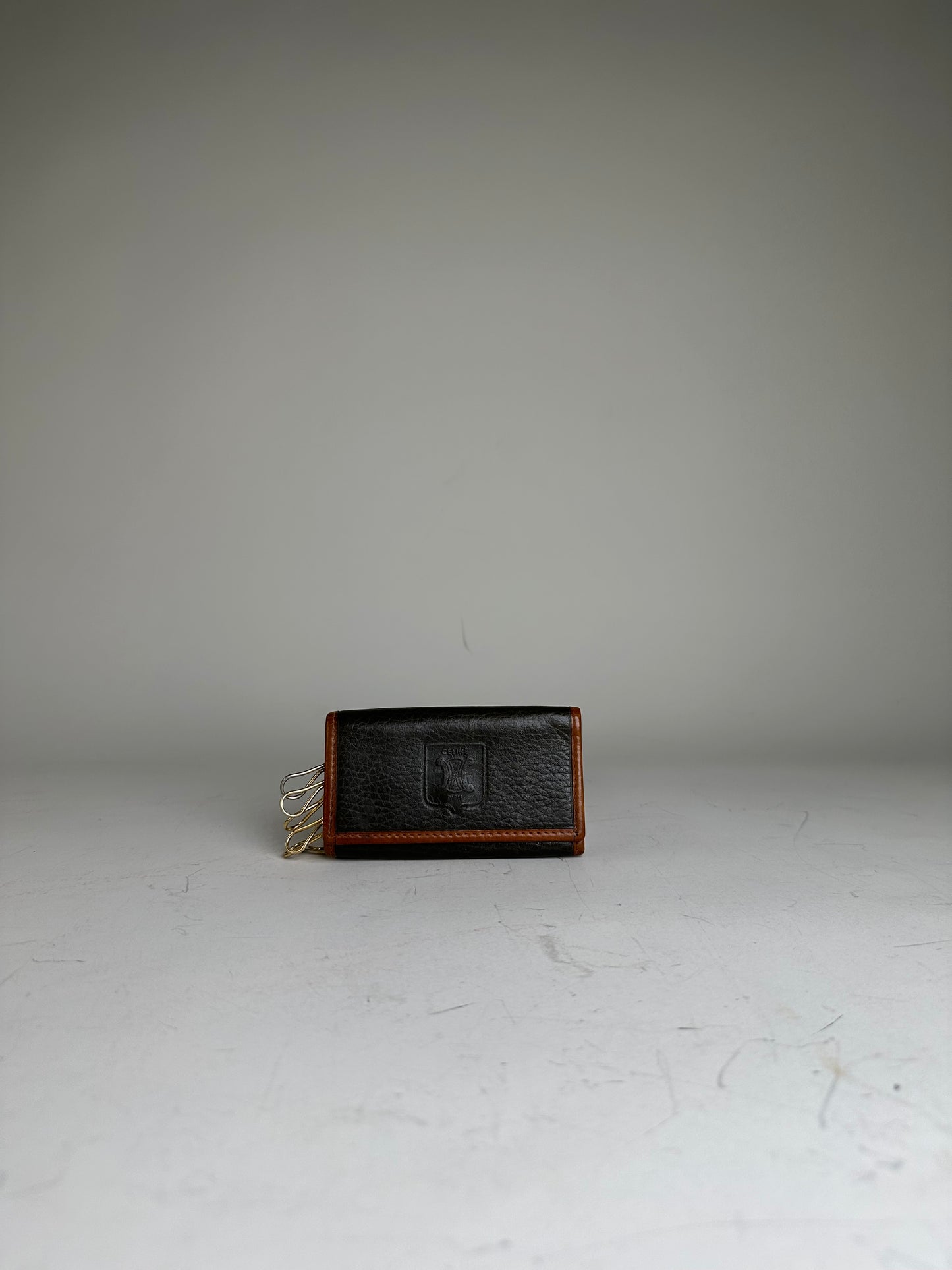 Vintage Celine Textured Leather Card Holder Black Brown Gold