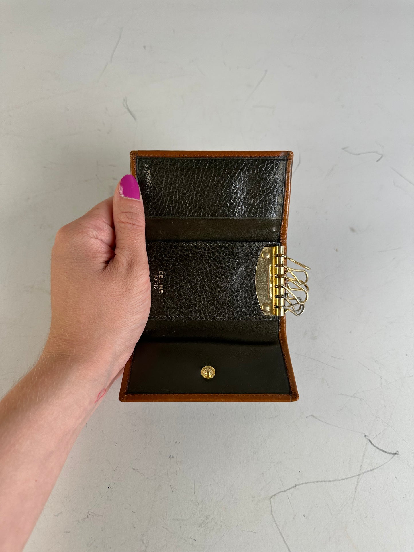 Vintage Celine Textured Leather Card Holder Black Brown Gold